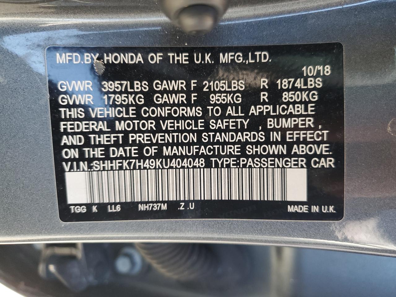 2019 Honda Civic Sport VIN: SHHFK7H49KU404048 Lot: 80093535