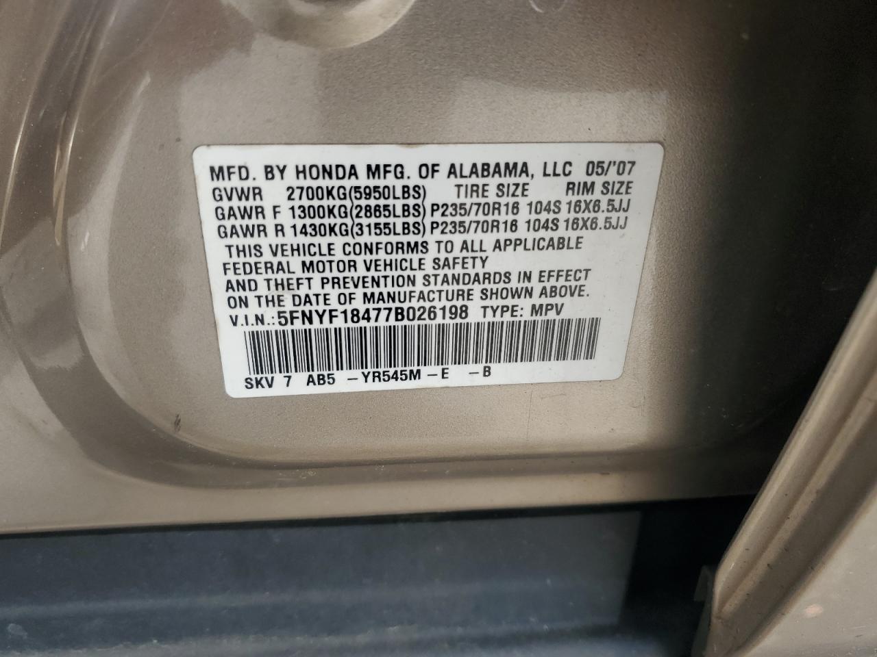 2007 Honda Pilot Ex VIN: 5FNYF18477B026198 Lot: 56784145