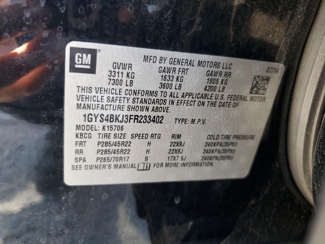 2015 Cadillac Escalade Luxury VIN: 1GYS4BKJ3FR233402 Lot: 56347215