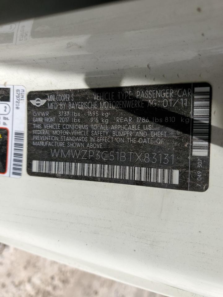 2011 Mini Cooper S VIN: WMWZP3C51BTX83131 Lot: 57136355