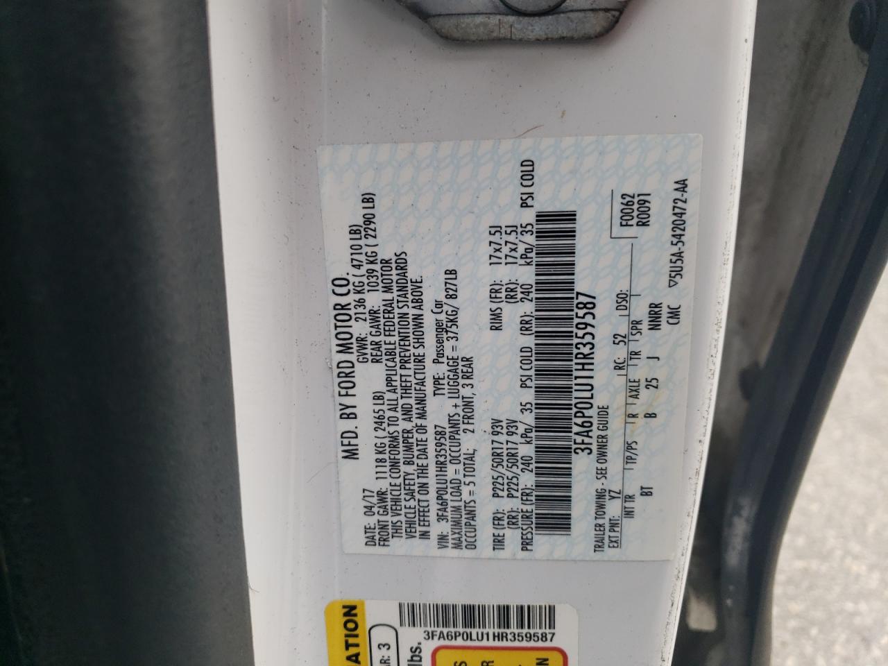 2017 Ford Fusion Se Hybrid VIN: 3FA6P0LU1HR359587 Lot: 55084595