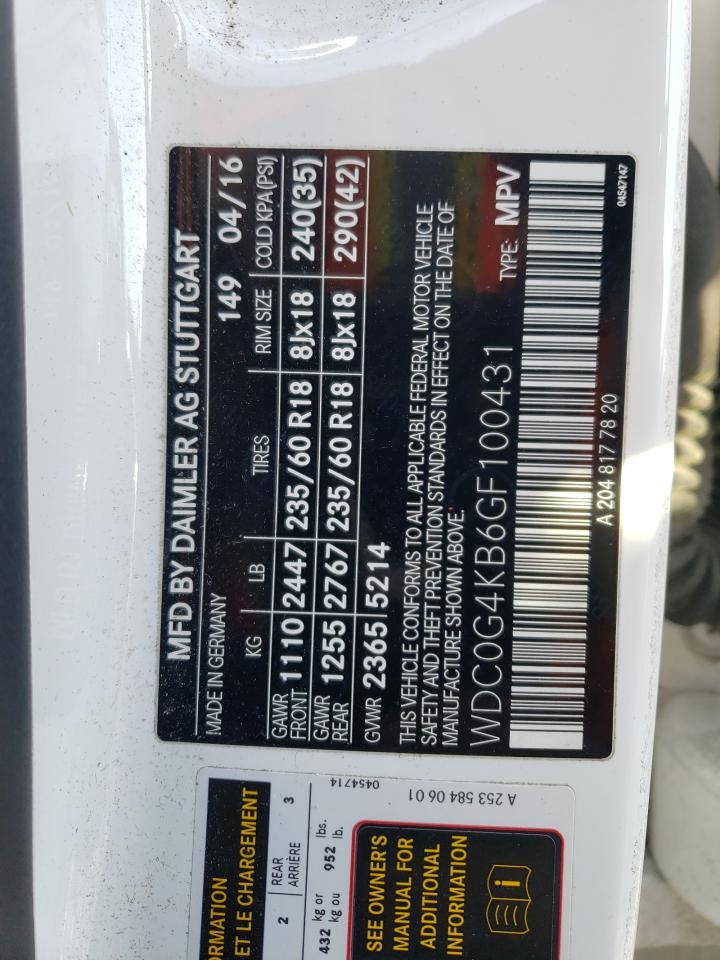 2016 Mercedes-Benz Glc 300 4Matic VIN: WDC0G4KB6GF100431 Lot: 53884785