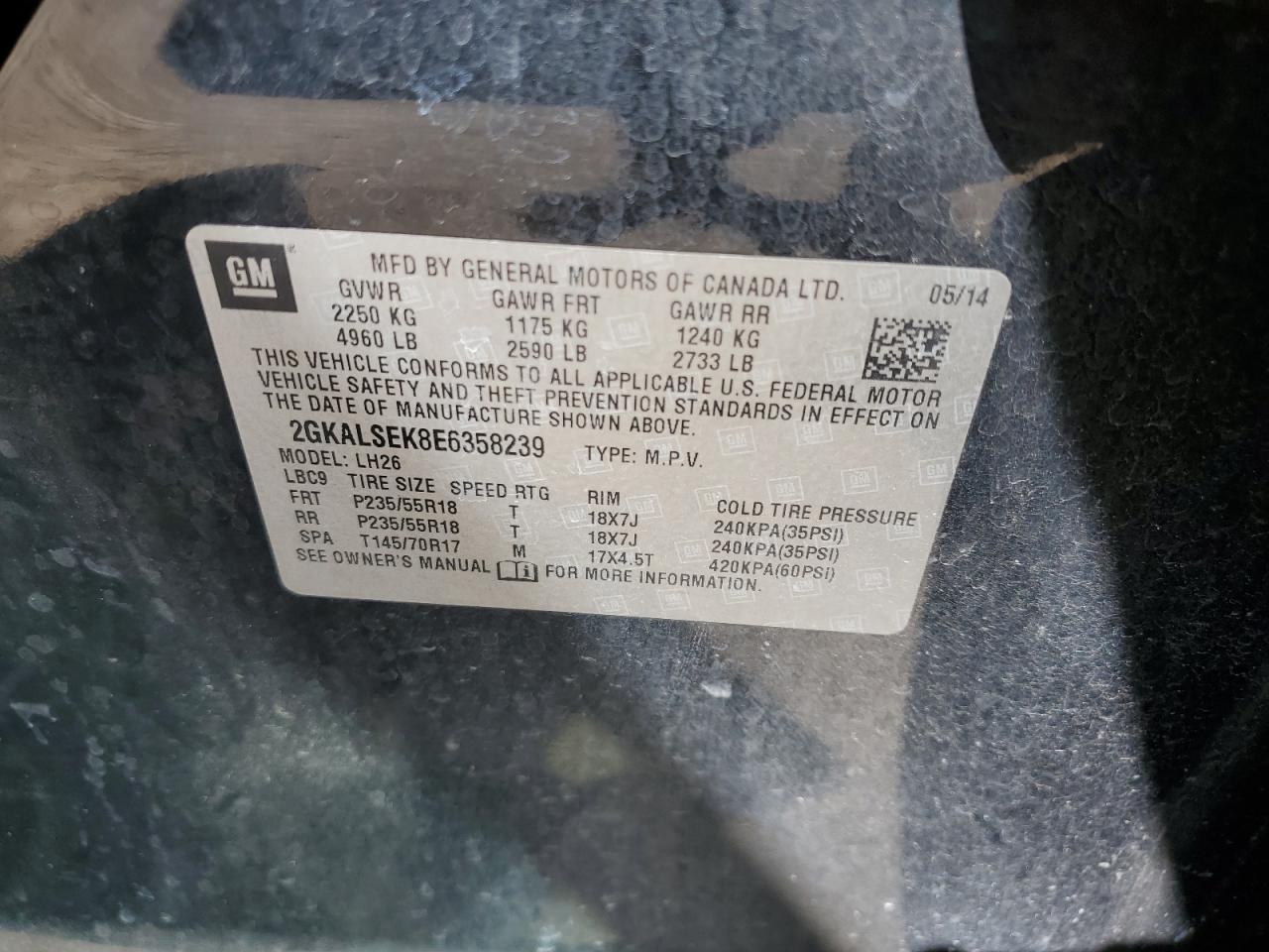 2014 GMC Terrain Slt VIN: 2GKALSEK8E6358239 Lot: 57109745