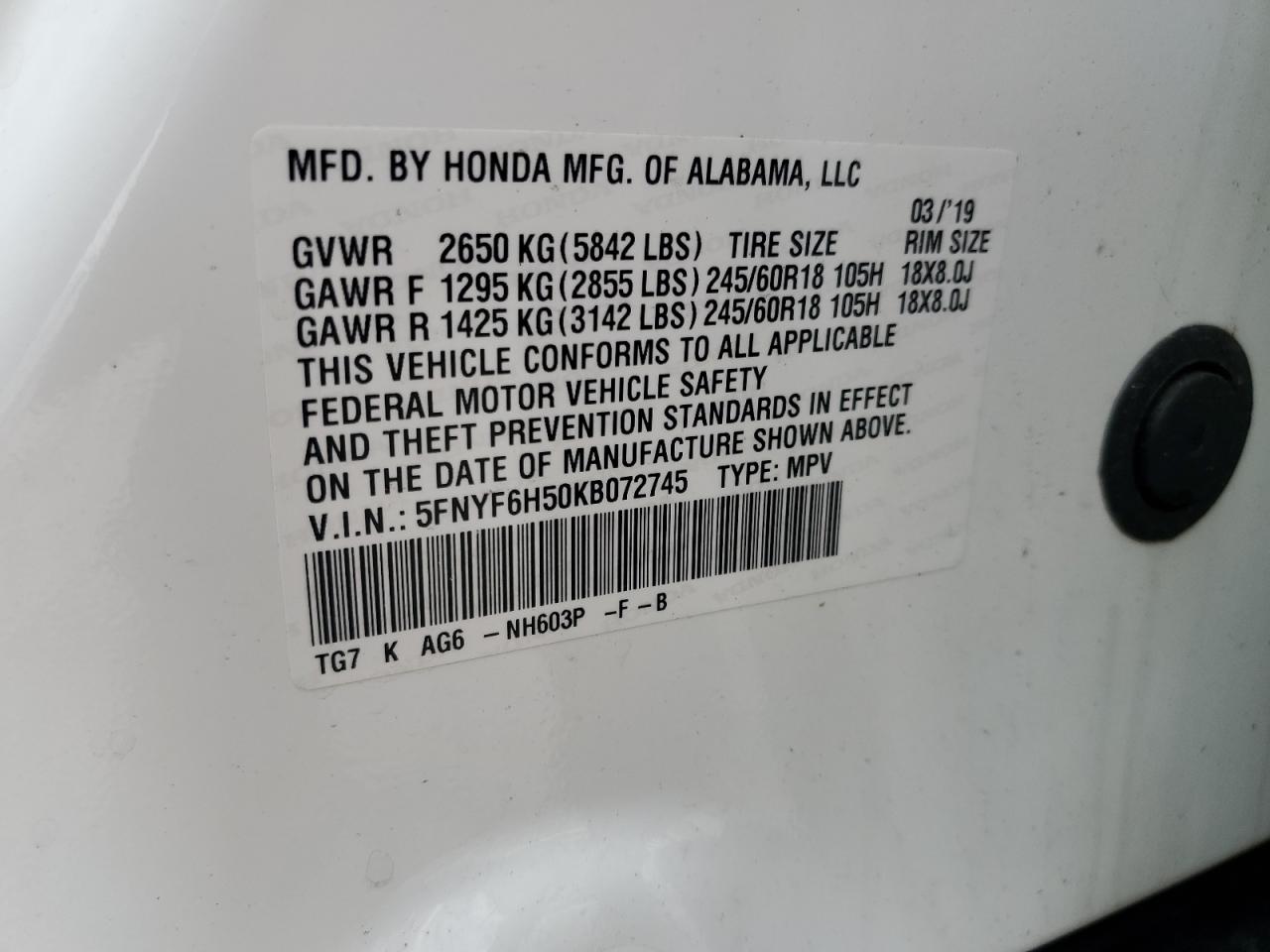 2019 Honda Pilot Exl VIN: 5FNYF6H50KB072745 Lot: 57107445