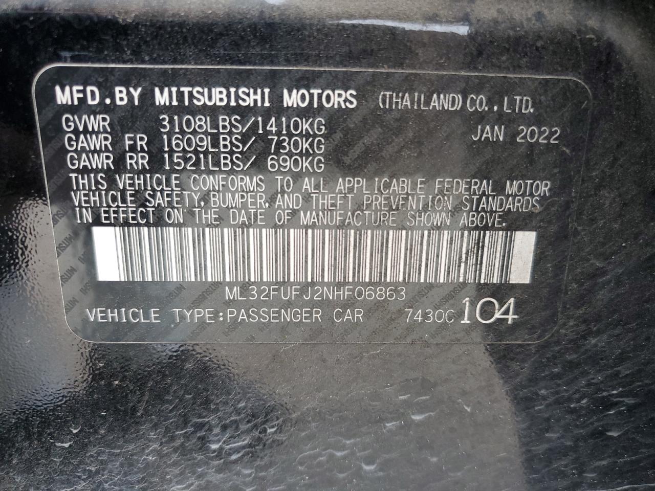 2022 Mitsubishi Mirage G4 Es VIN: ML32FUFJ2NHF06863 Lot: 55861615