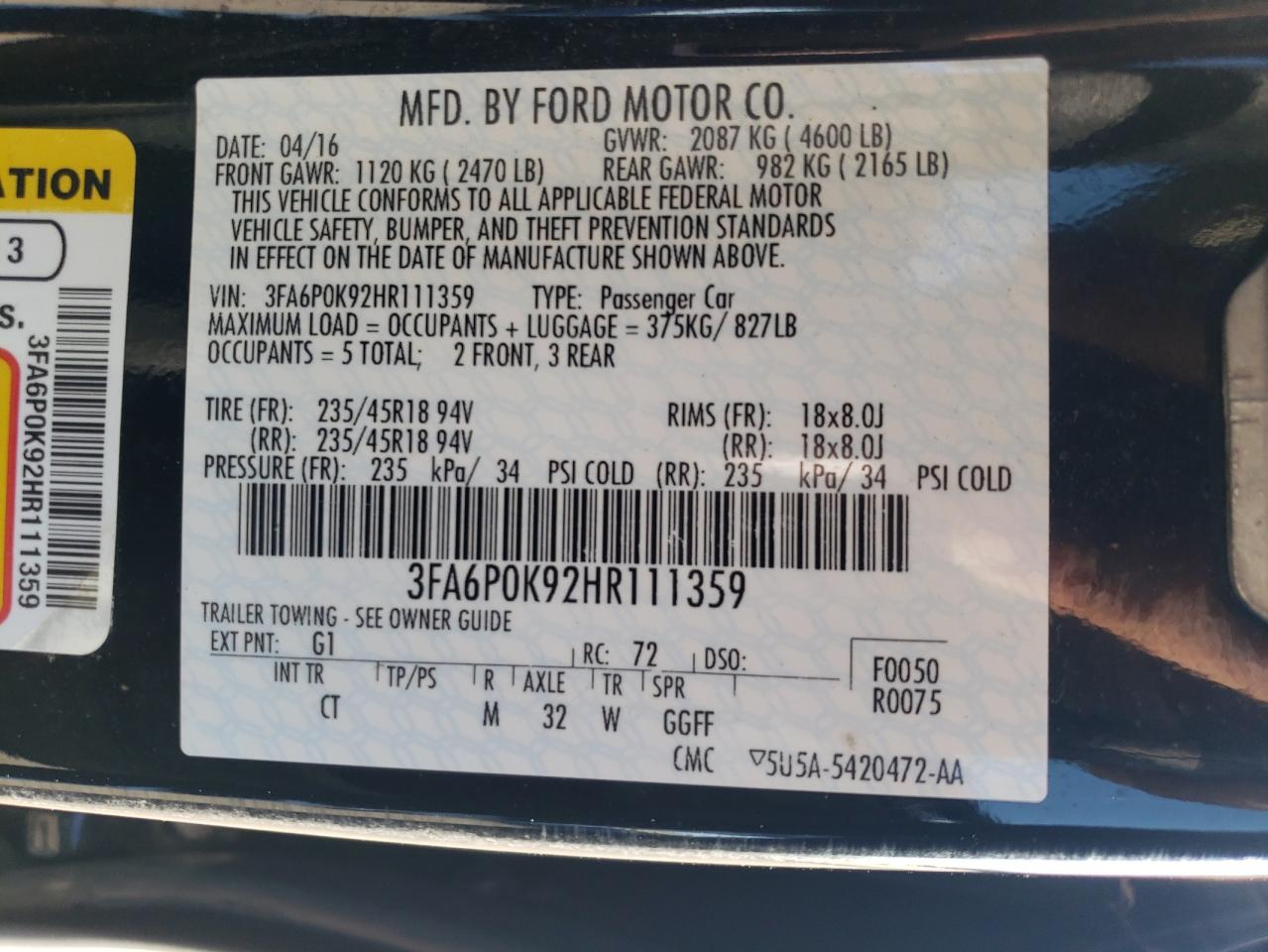 2017 Ford Fusion Titanium VIN: 3FA6P0K92HR111359 Lot: 54940885