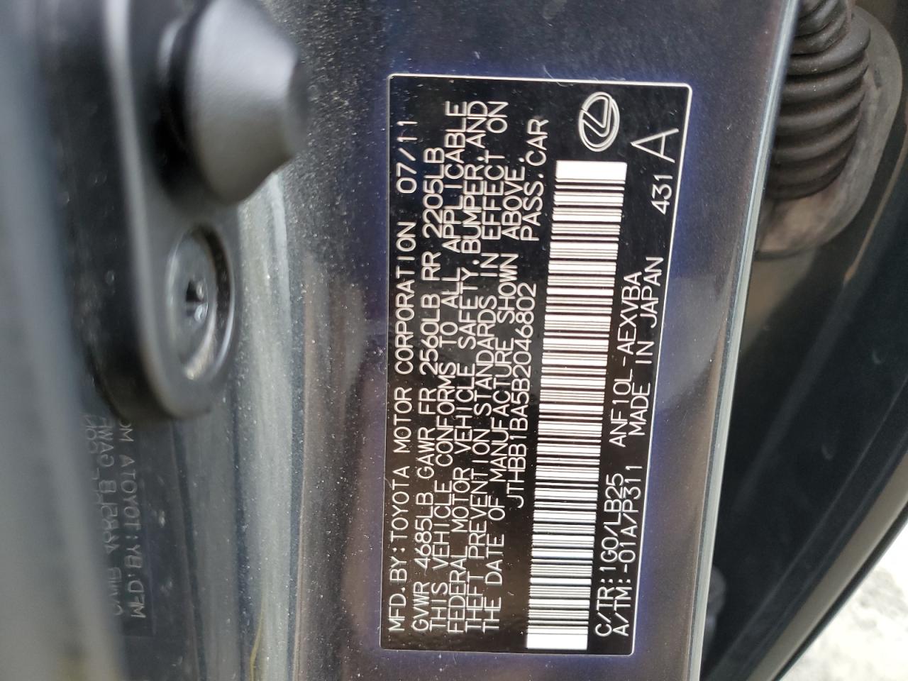 2011 Lexus Hs 250H VIN: JTHBB1BA5B2046802 Lot: 57177905