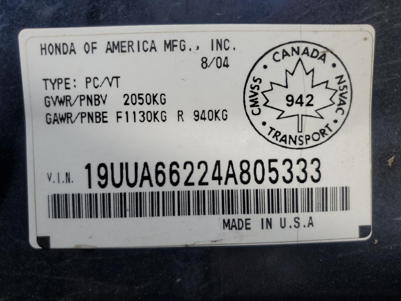 2004 Acura Tl VIN: 19UUA66224A805333 Lot: 56707865