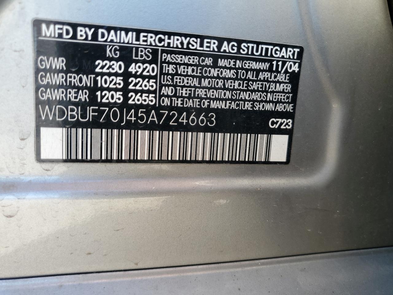 2005 Mercedes-Benz E 500 VIN: WDBUF70J45A724663 Lot: 55278465