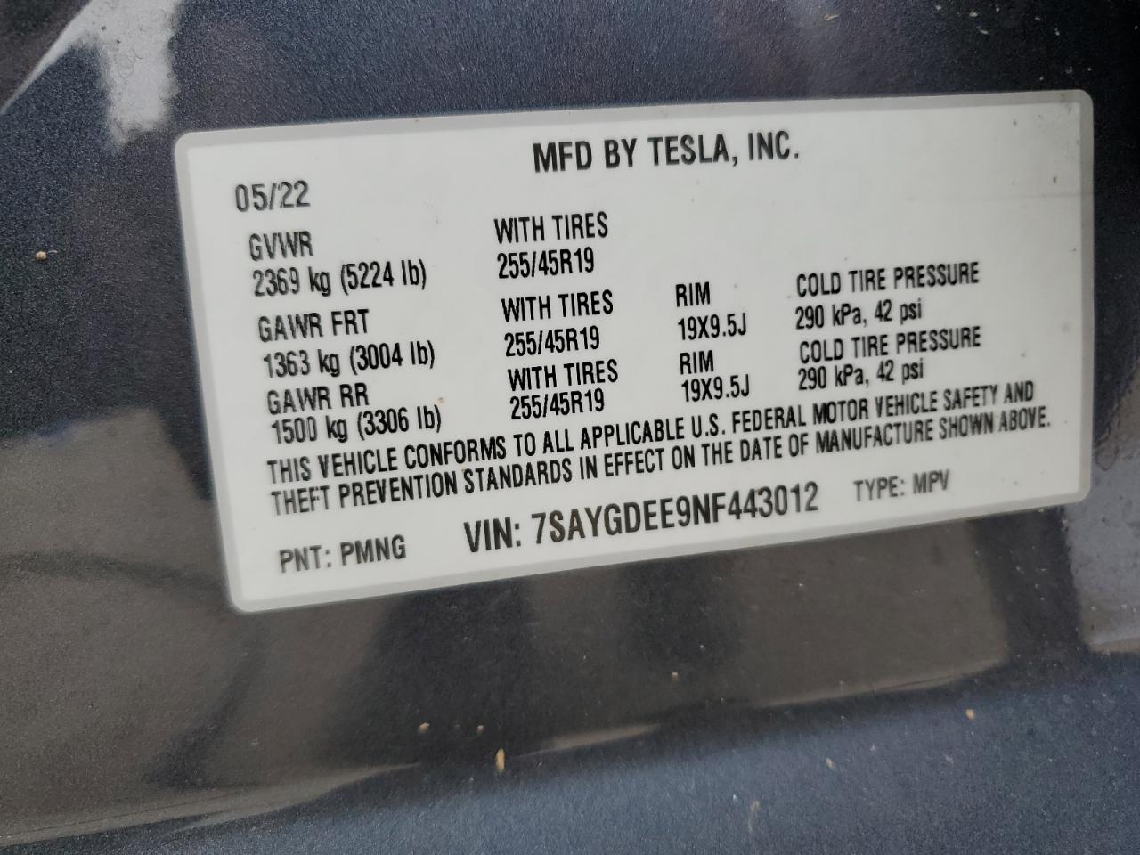 2022 Tesla Model Y VIN: 7SAYGDEE9NF443012 Lot: 58418435
