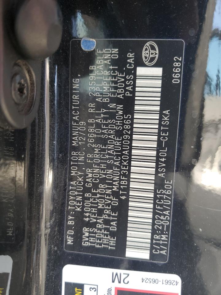 2010 Toyota Camry Base VIN: 4T1BF3EK0AU092865 Lot: 70287605