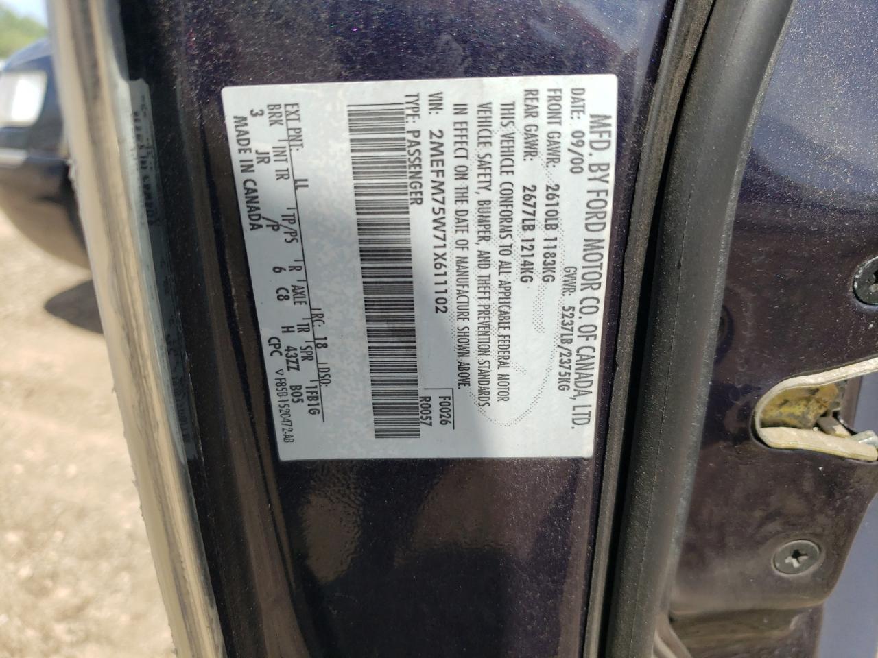 2001 Mercury Grand Marquis Ls VIN: 2MEFM75W71X611102 Lot: 57301745