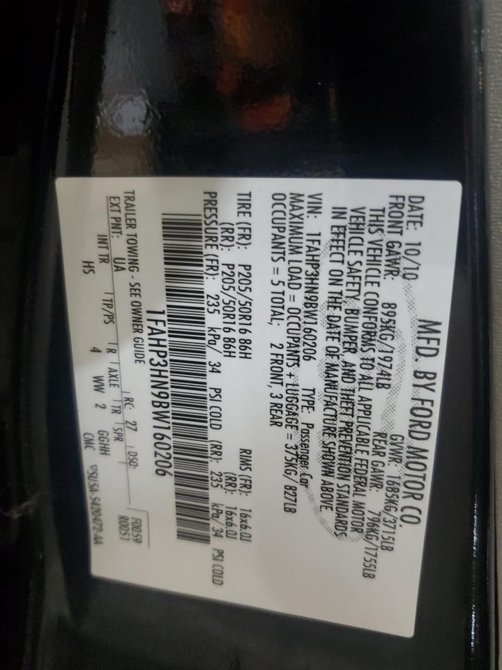 2011 Ford Focus Sel VIN: 1FAHP3HN9BW160206 Lot: 57416105