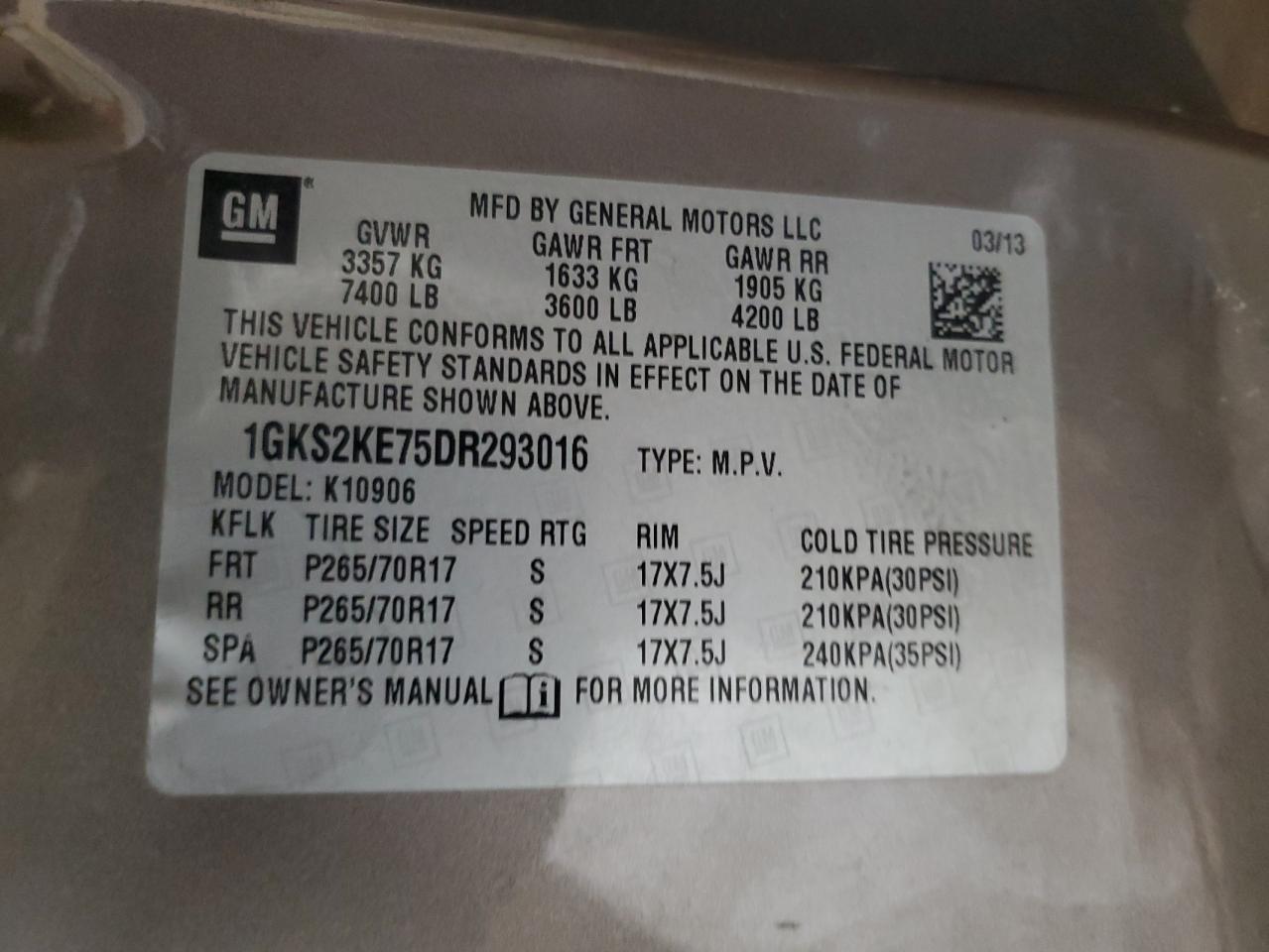 2013 GMC Yukon Xl K1500 Slt VIN: 1GKS2KE75DR293016 Lot: 57447035