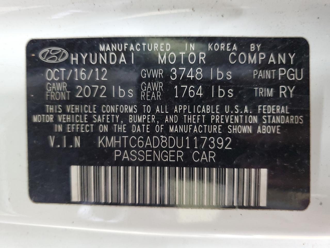 2013 Hyundai Veloster VIN: KMHTC6AD8DU117392 Lot: 57149095