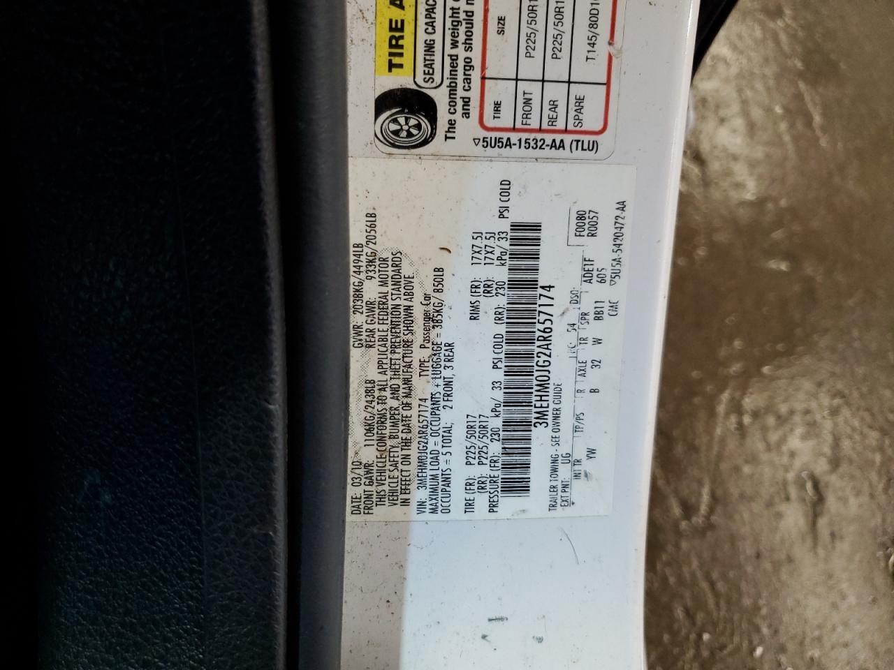 2010 Mercury Milan Premier VIN: 3MEHM0JG2AR657174 Lot: 57045245