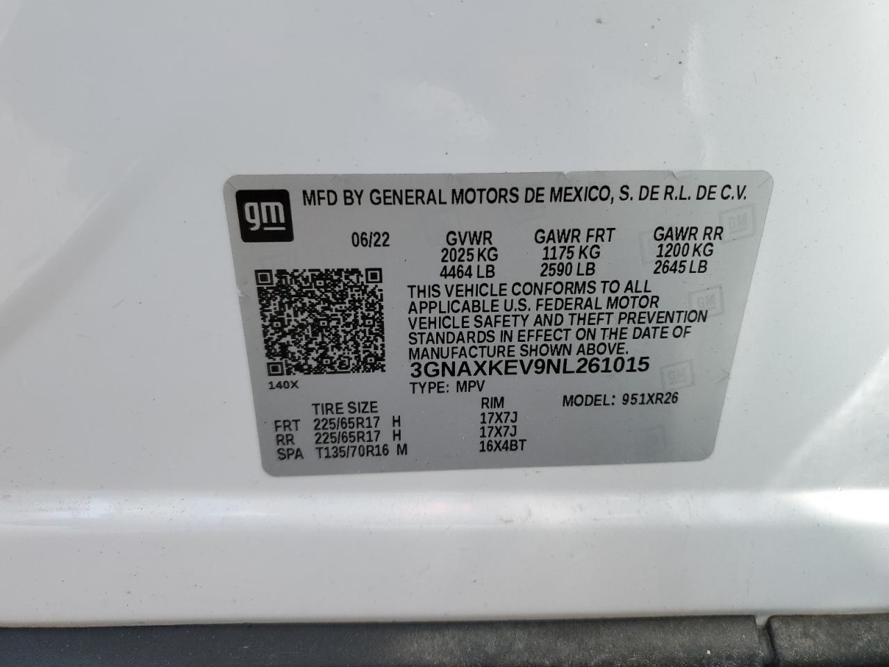 2022 Chevrolet Equinox Lt VIN: 3GNAXKEV9NL261015 Lot: 57119455