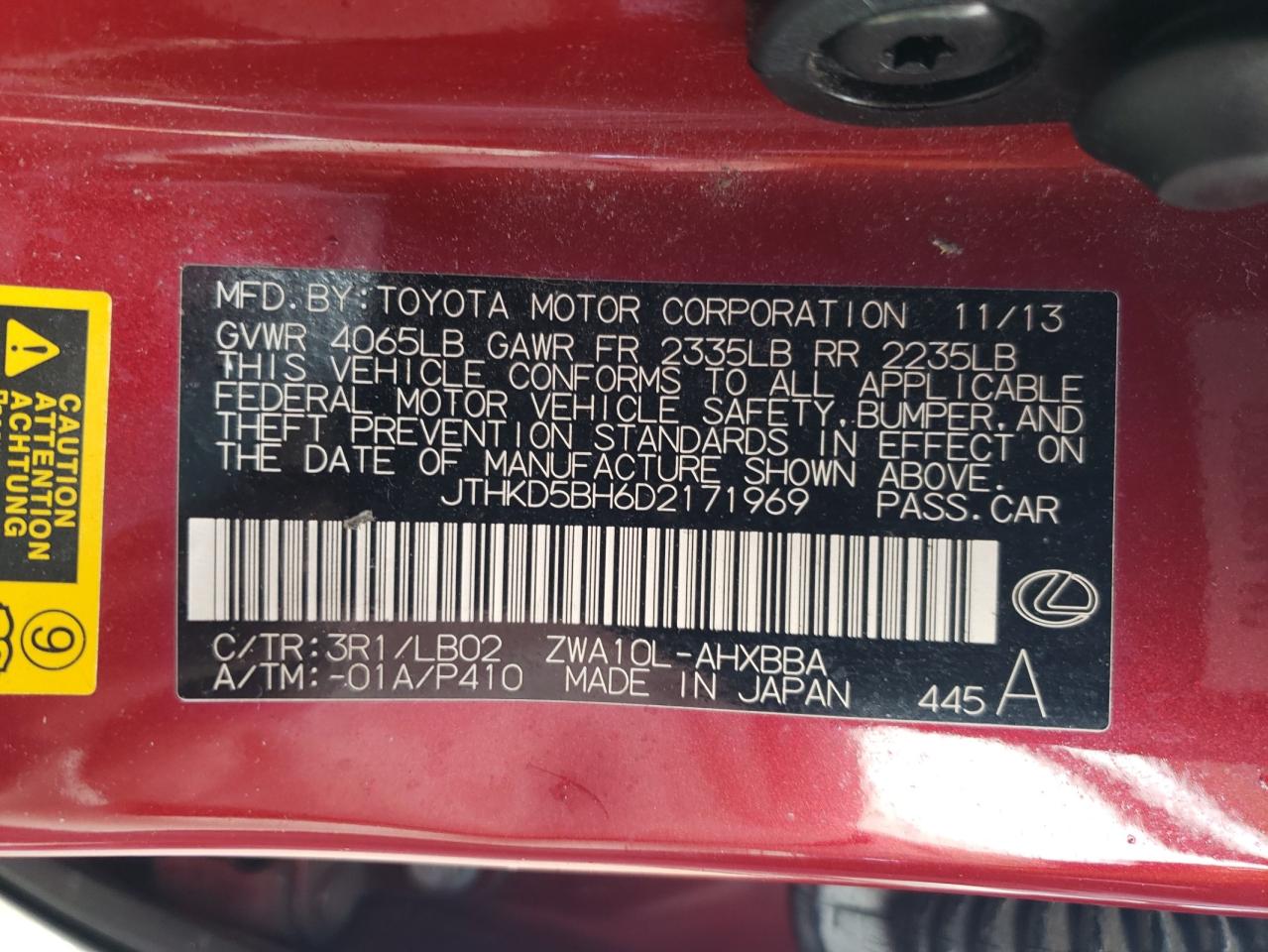 2013 Lexus Ct 200 VIN: JTHKD5BH6D2171969 Lot: 56054795