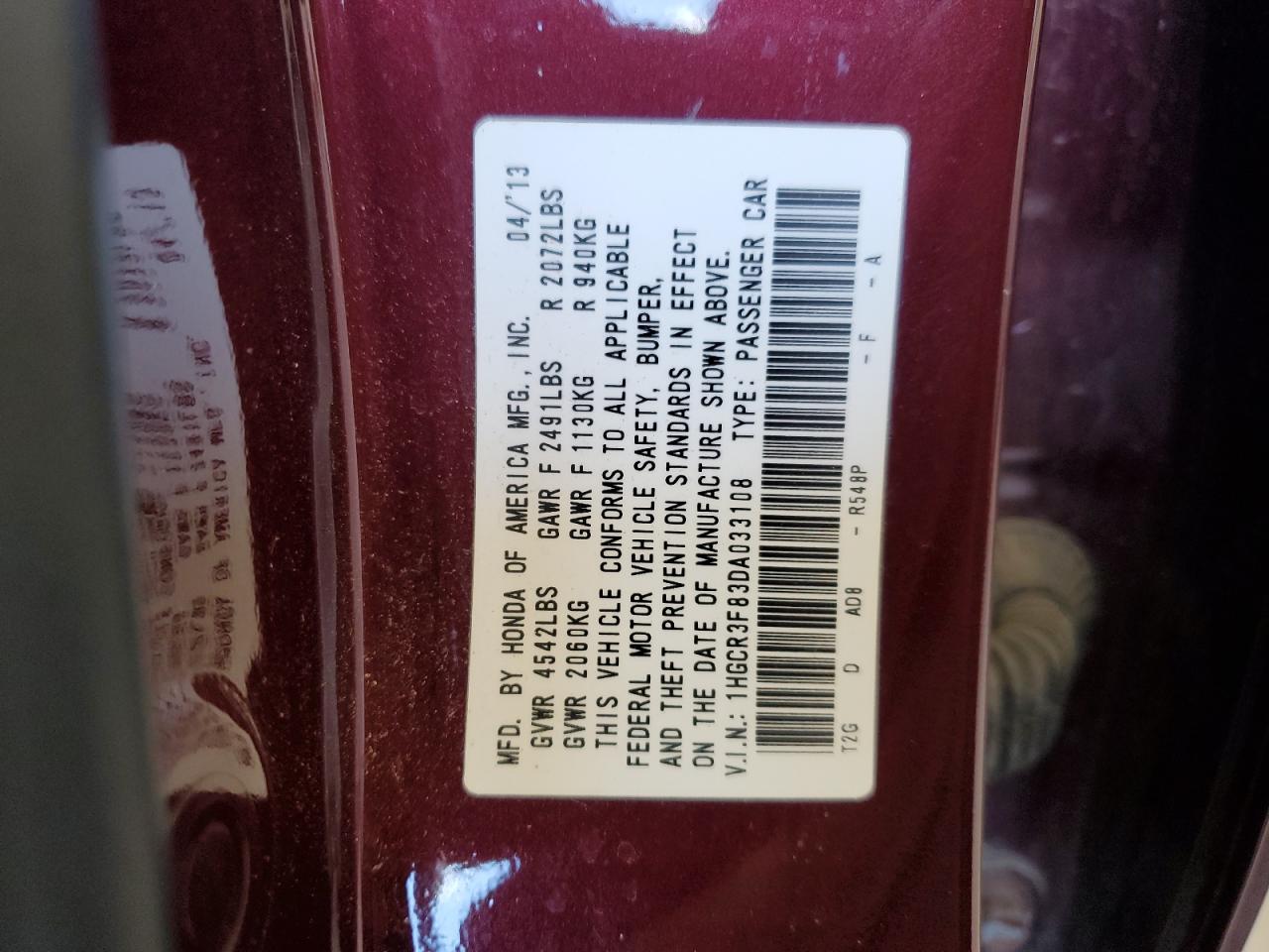 2013 Honda Accord Exl VIN: 1HGCR3F83DA033108 Lot: 57144185