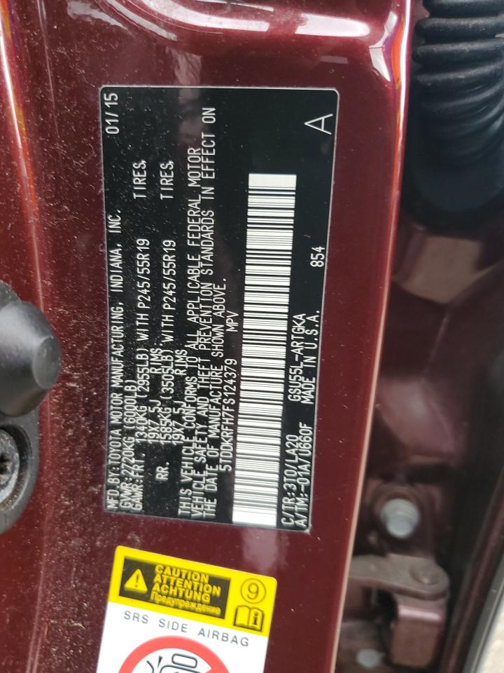 2015 Toyota Highlander Limited VIN: 5TDDKRFH7FS124379 Lot: 56003645