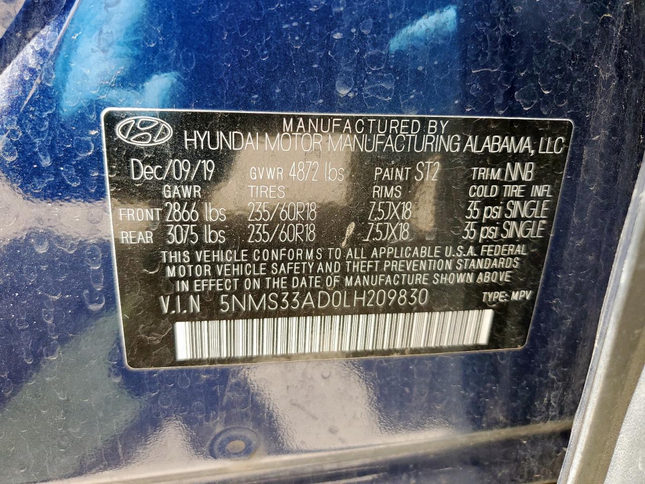 2020 Hyundai Santa Fe Sel VIN: 5NMS33AD0LH209830 Lot: 57089105