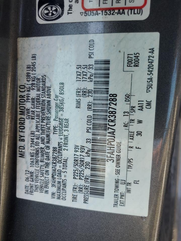 2012 Ford Fusion Sel VIN: 3FAHP0JA7CR387288 Lot: 56968885