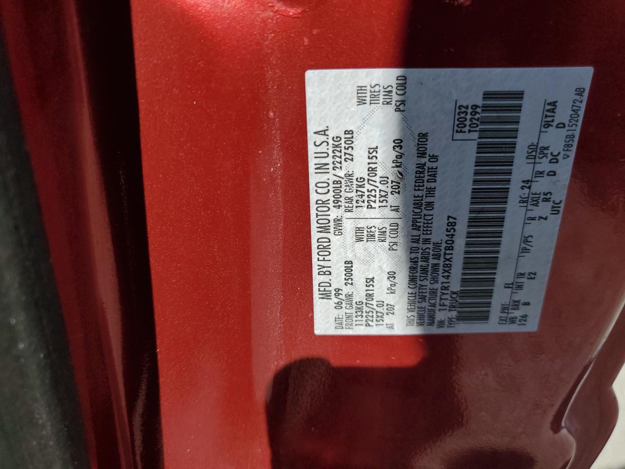 1999 Ford Ranger Super Cab VIN: 1FTYR14X8XTB04587 Lot: 57884925