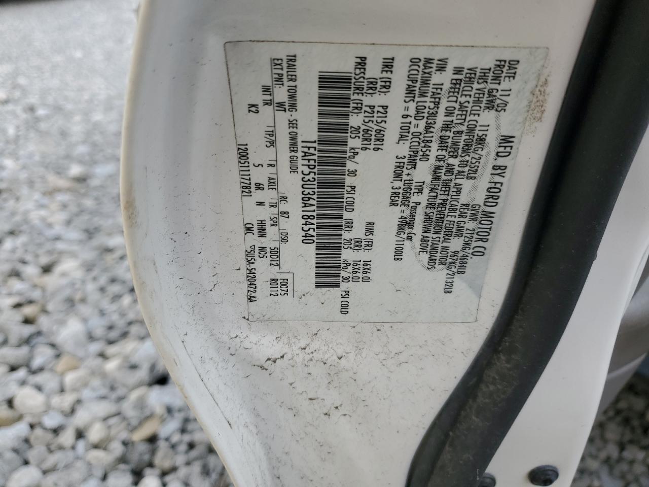 2006 Ford Taurus Se VIN: 1FAFP53U36A184540 Lot: 57990175
