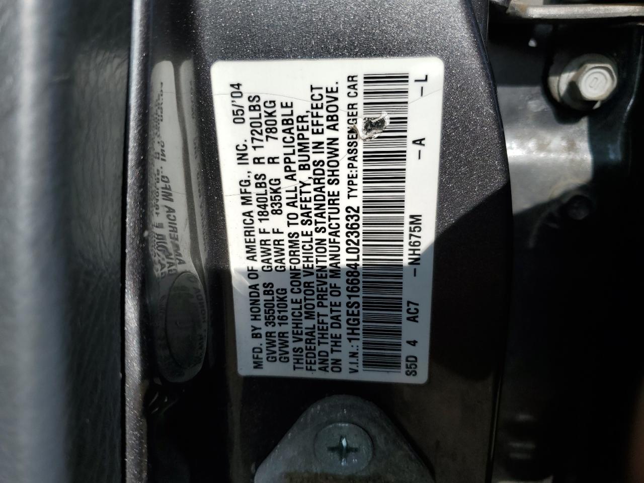 2004 Honda Civic Lx VIN: 1HGES16684L023632 Lot: 56749785