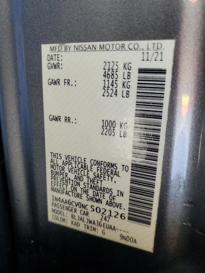 2022 Nissan Maxima Sv VIN: 1N4AA6CV0NC502126 Lot: 55903595