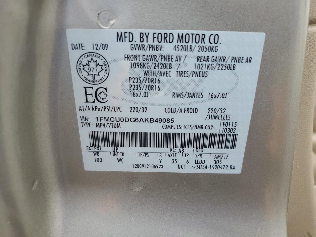 2010 Ford Escape Xlt VIN: 1FMCU0DG6AKB49085 Lot: 56309235