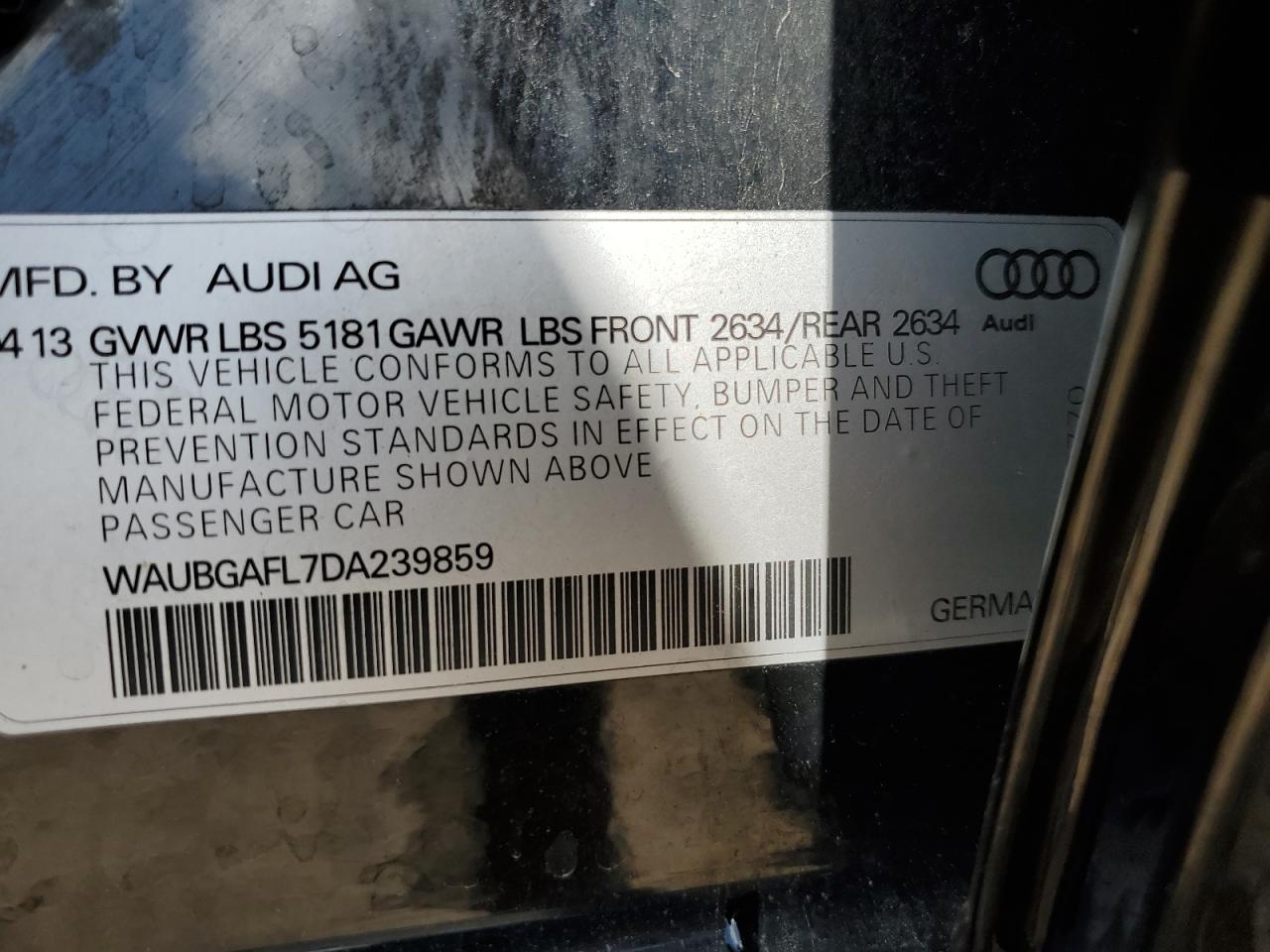 2013 Audi S4 Premium Plus VIN: WAUBGAFL7DA239859 Lot: 57094555