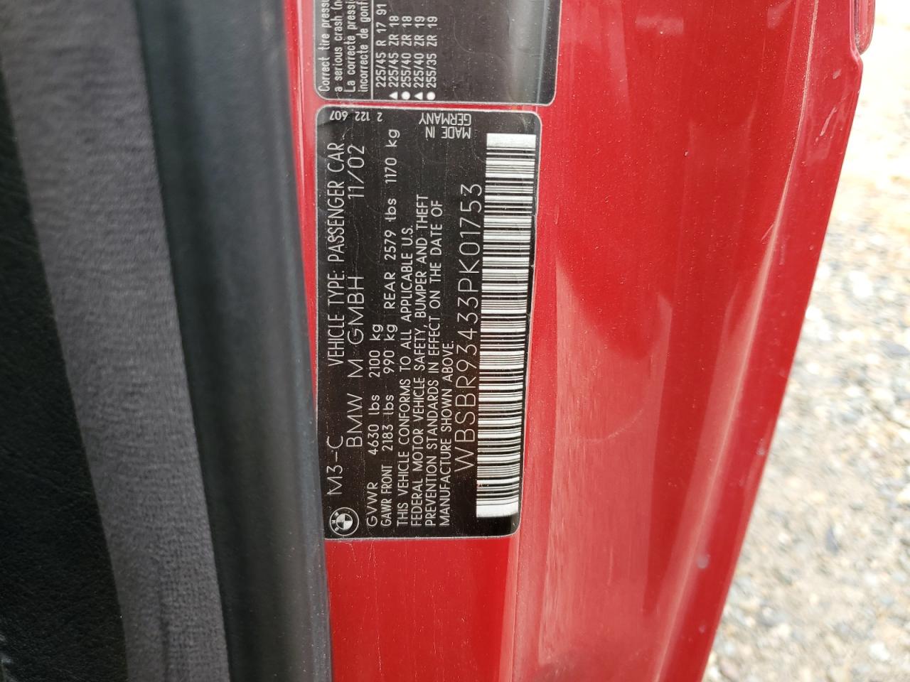 2003 BMW M3 VIN: WBSBR93433PK01753 Lot: 57169965
