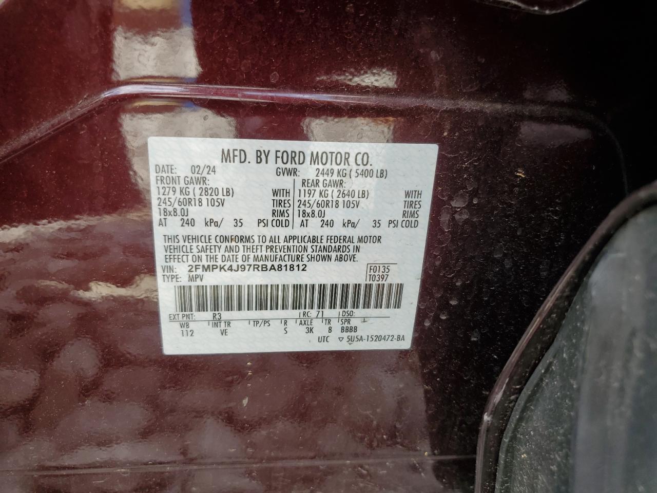 2024 Ford Edge Sel VIN: 2FMPK4J97RBA81812 Lot: 55562985