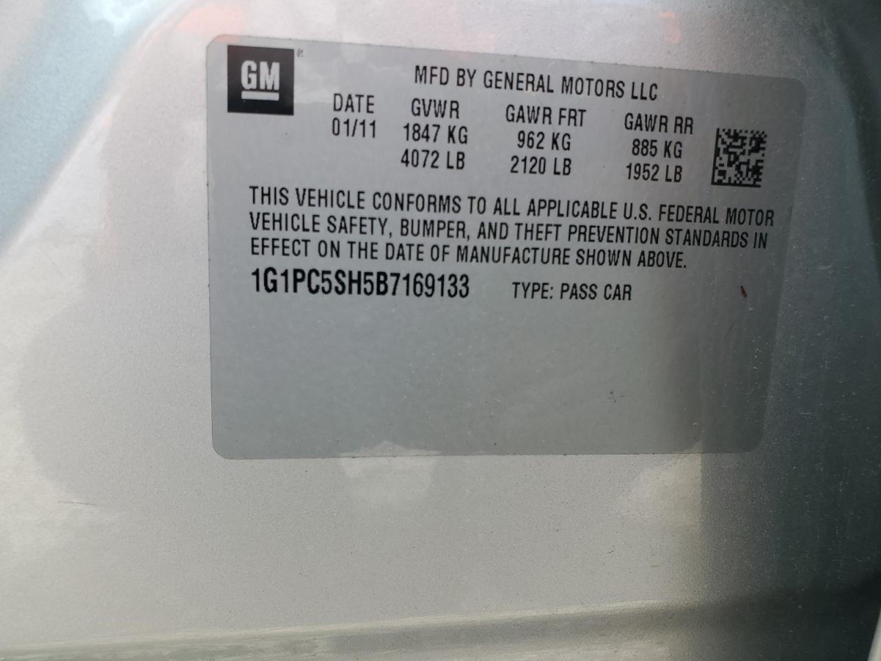2011 Chevrolet Cruze Ls VIN: 1G1PC5SH5B7169133 Lot: 56693275