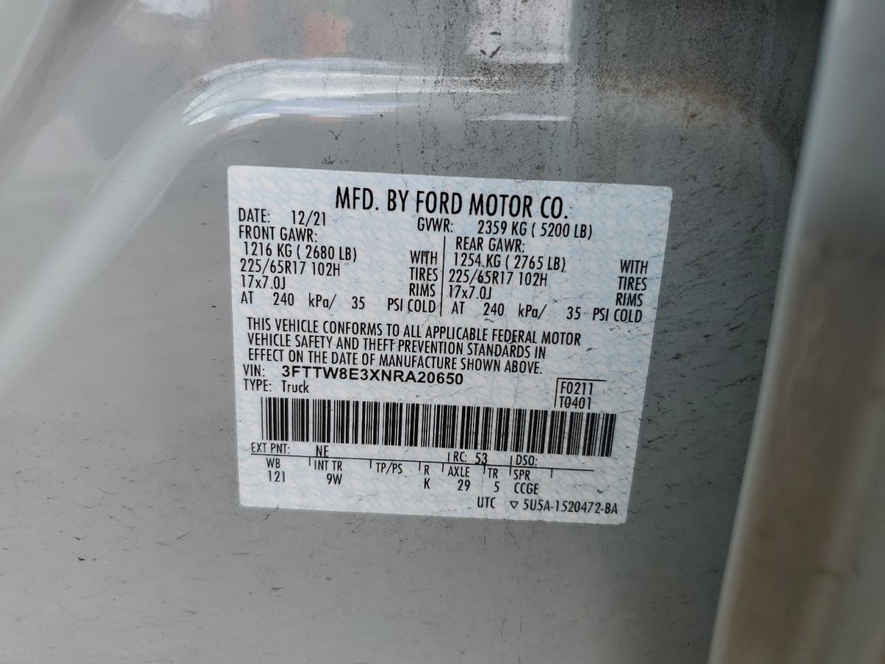 2022 Ford Maverick Xl VIN: 3FTTW8E3XNRA20650 Lot: 56334995