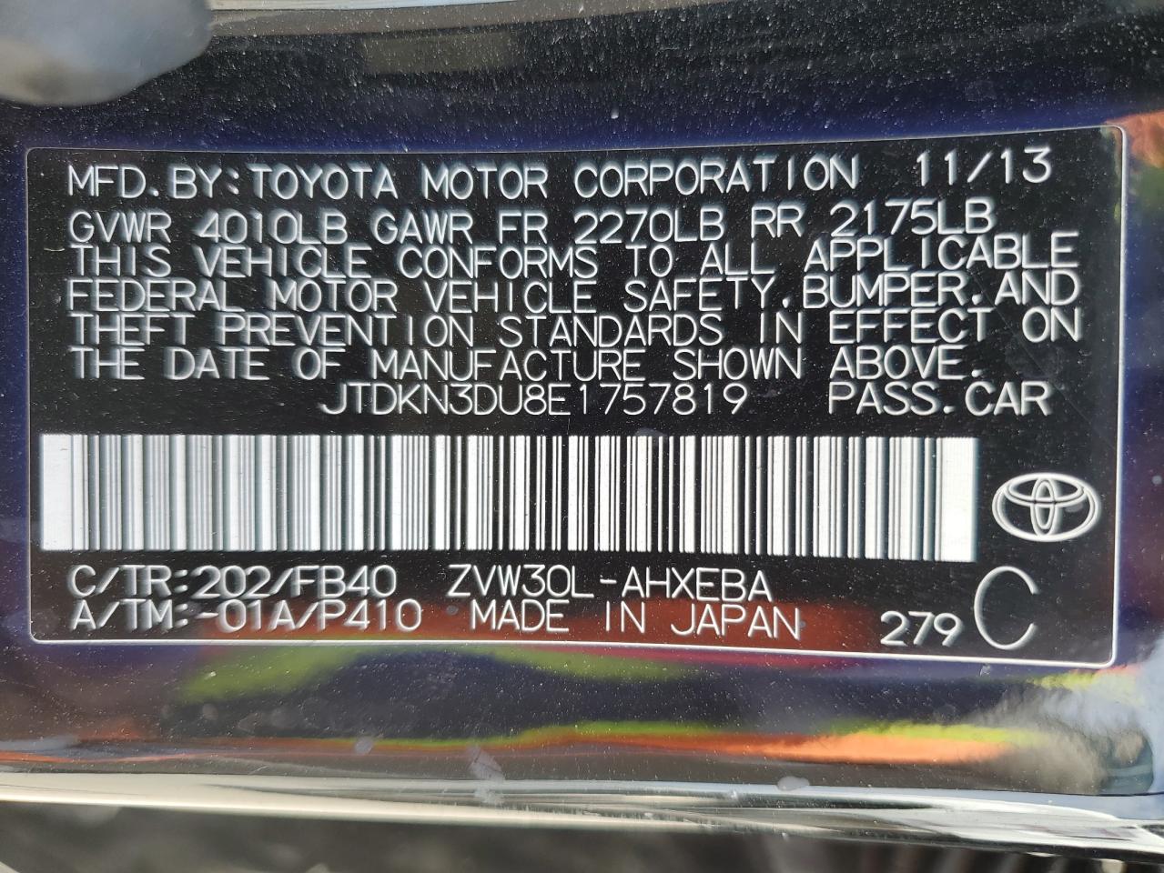 2014 Toyota Prius VIN: JTDKN3DU8E1757819 Lot: 57249285