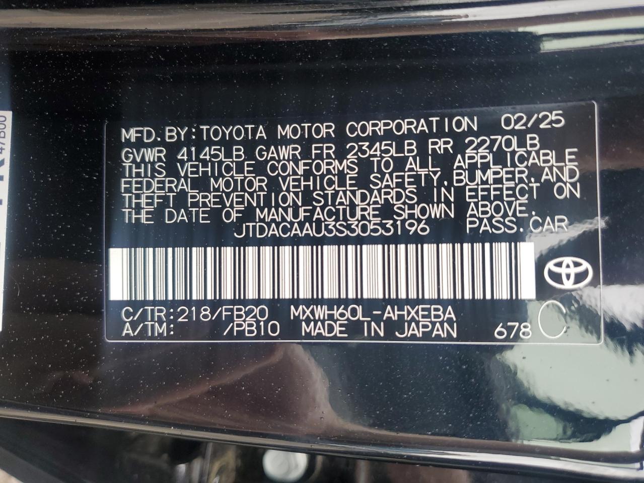 JTDACAAU3S3053196 TOYOTA PRIUS 2025