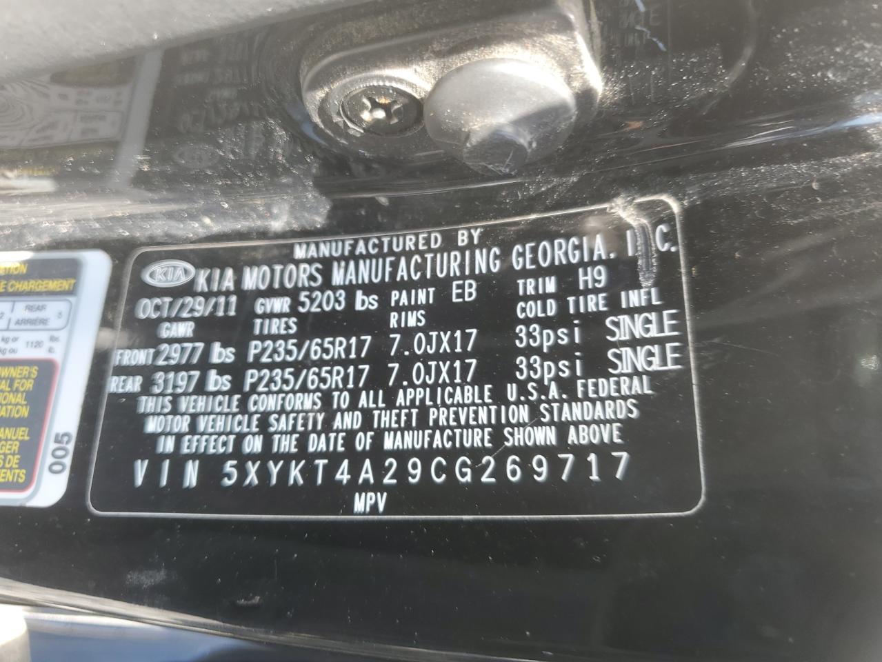 2012 Kia Sorento Base VIN: 5XYKT4A29CG269717 Lot: 58981065