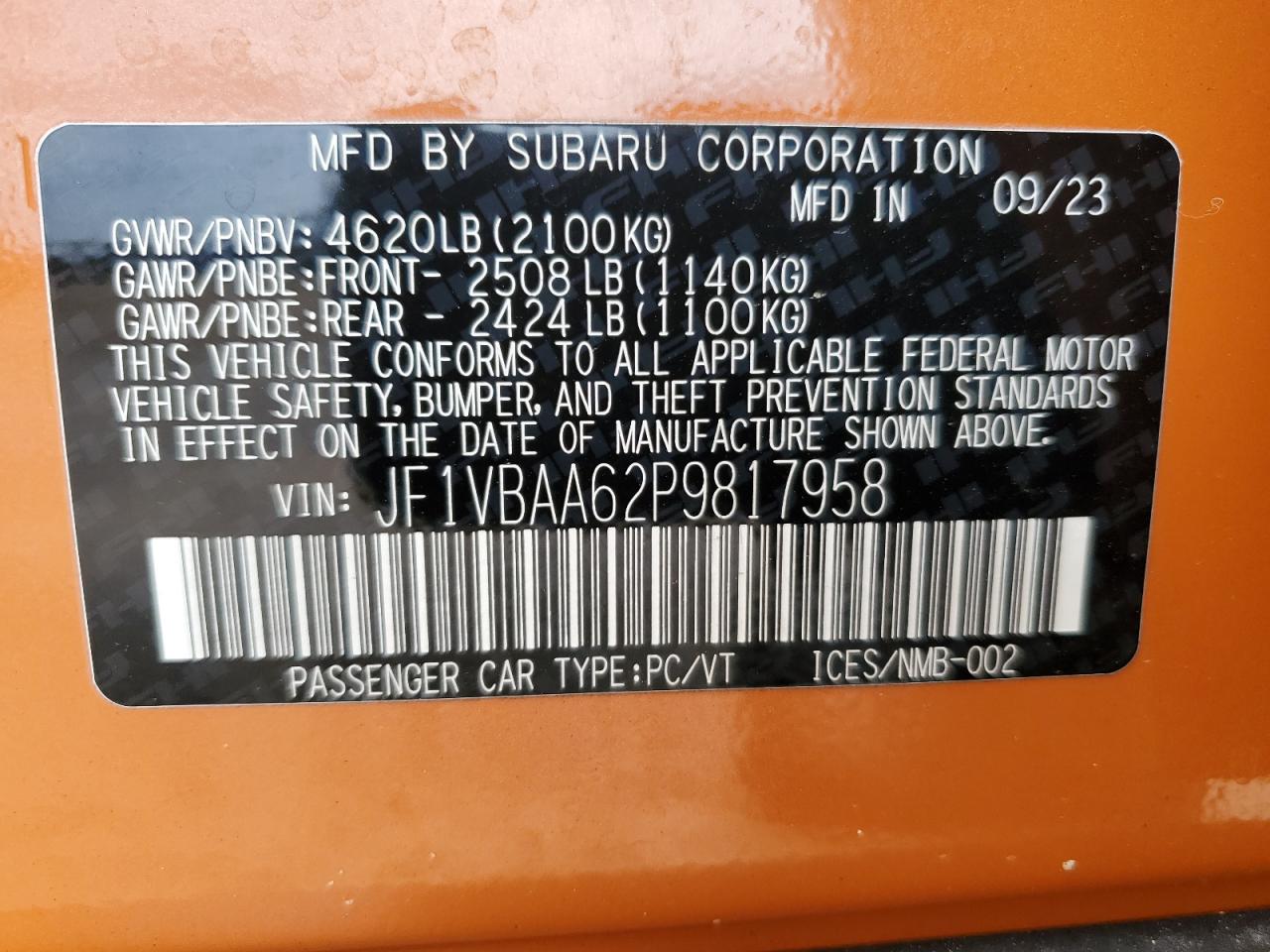 2023 Subaru Wrx VIN: JF1VBAA62P9817958 Lot: 56706275