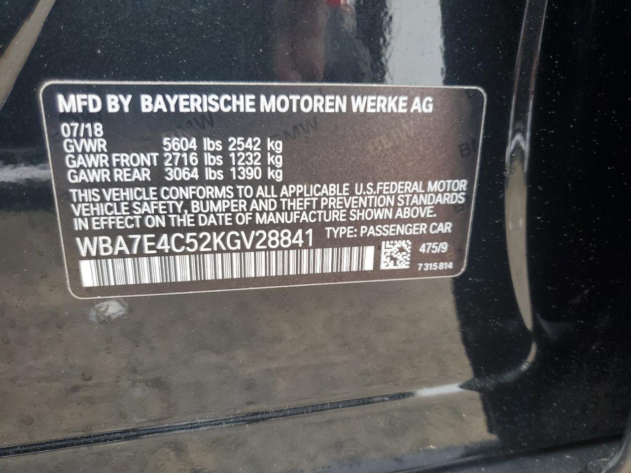 2019 BMW 740 Xi VIN: WBA7E4C52KGV28841 Lot: 56567375