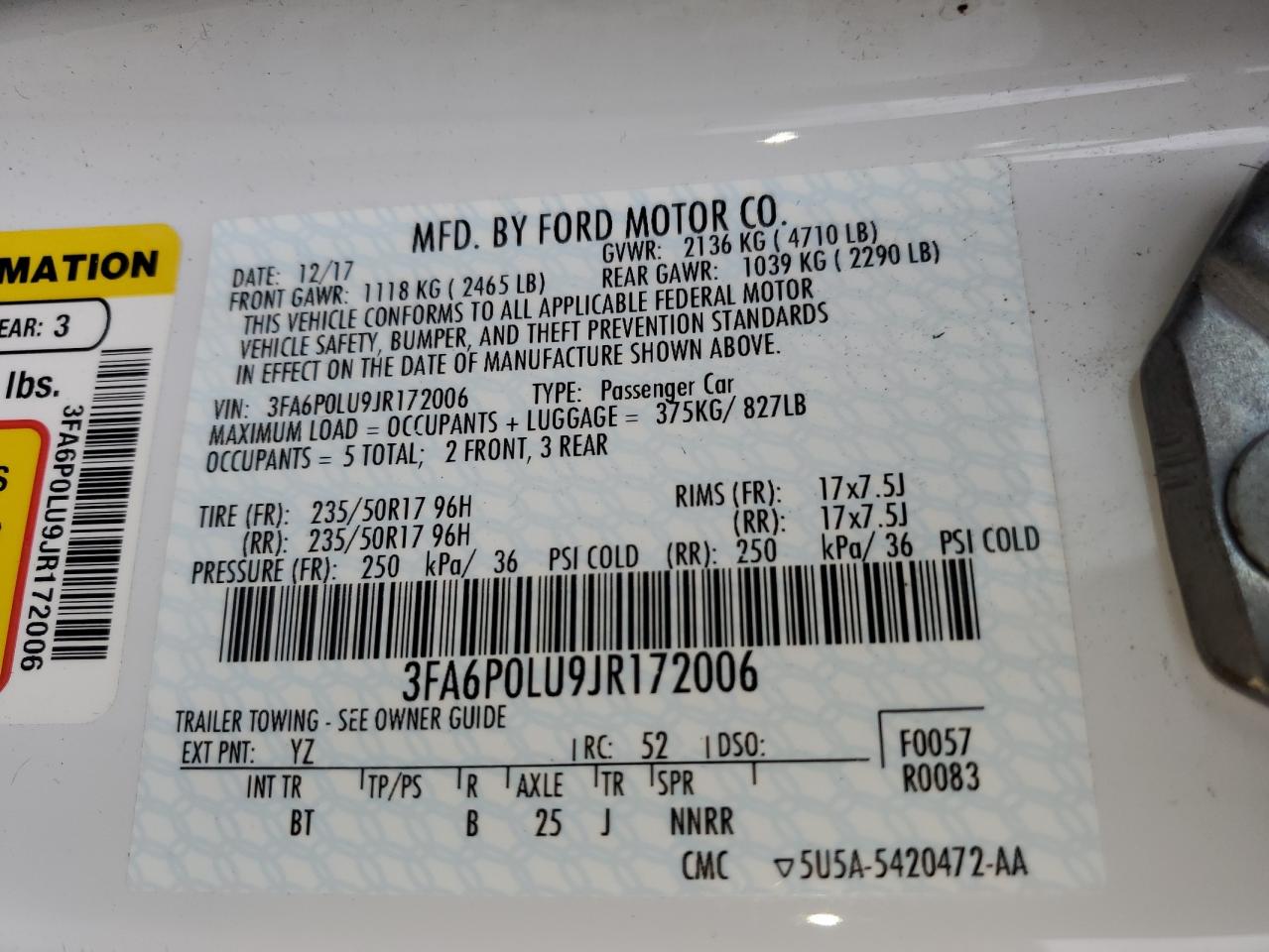 2018 Ford Fusion Se Hybrid VIN: 3FA6P0LU9JR172006 Lot: 55385845