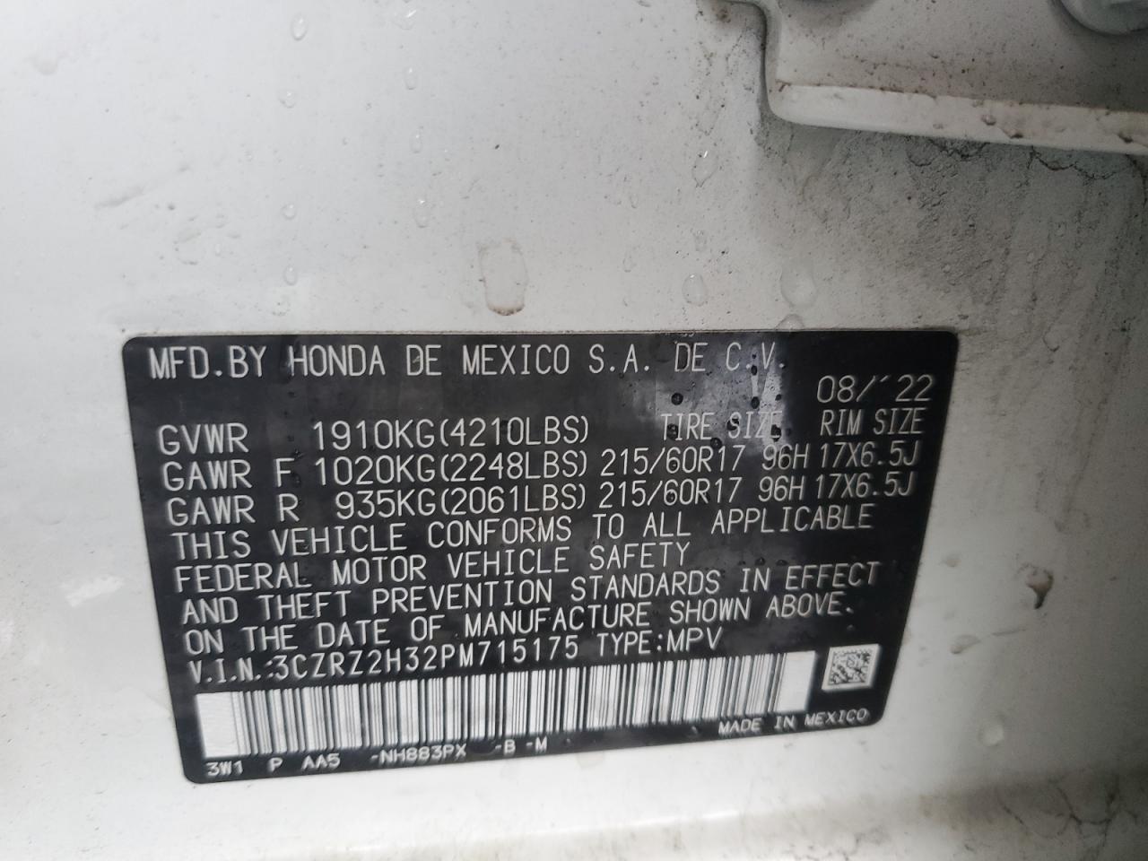 2023 Honda Hr-V Lx VIN: 3CZRZ2H32PM715175 Lot: 56970815