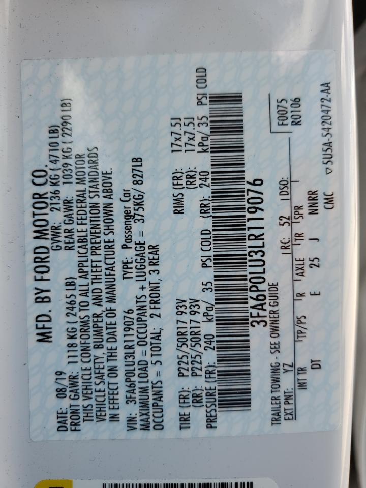 2020 Ford Fusion Se VIN: 3FA6P0LU3LR119076 Lot: 54043735