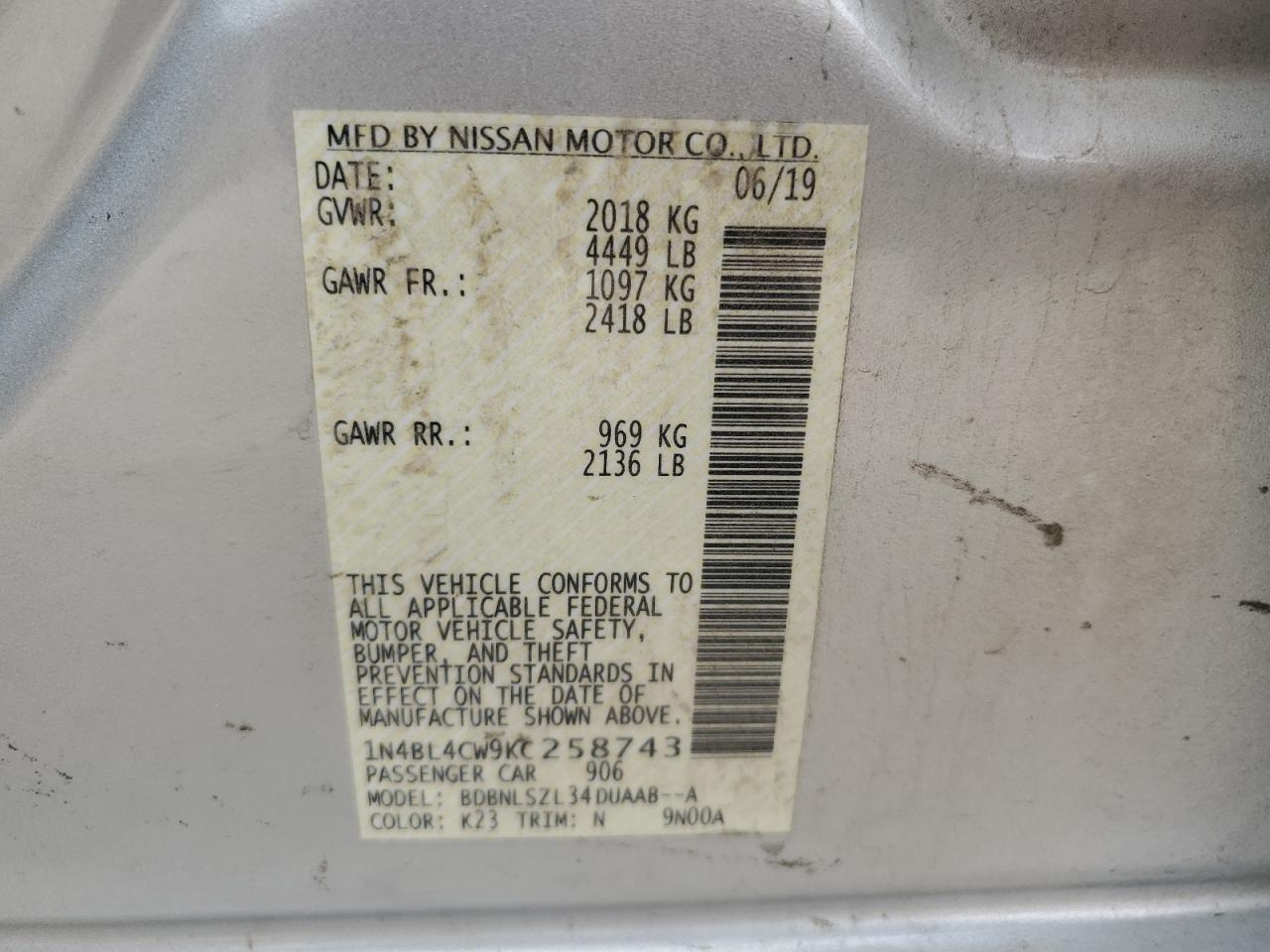 1N4BL4CW9KC258743 NISSAN ALTIMA 2019