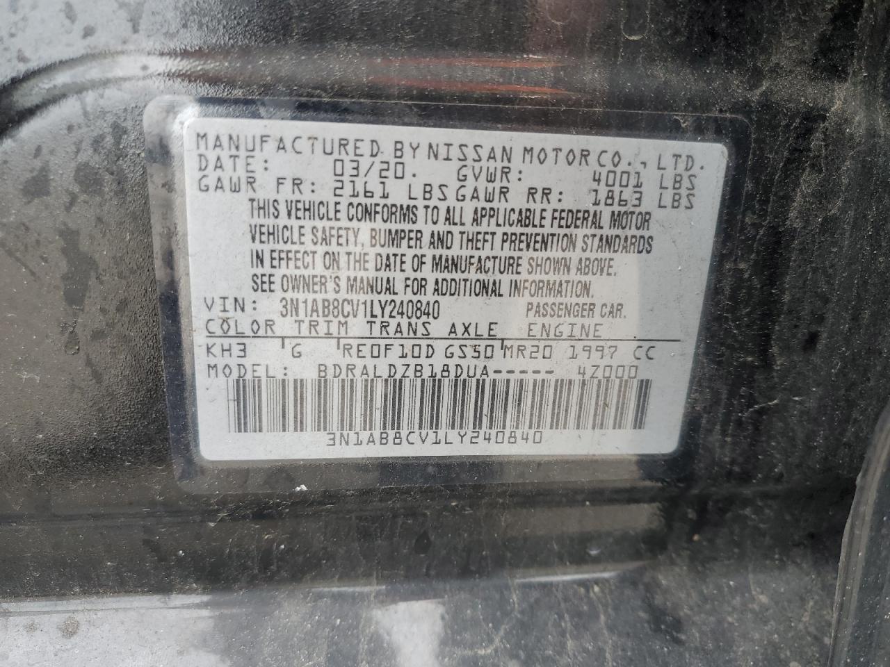 2020 Nissan Sentra Sv VIN: 3N1AB8CV1LY240840 Lot: 56730865