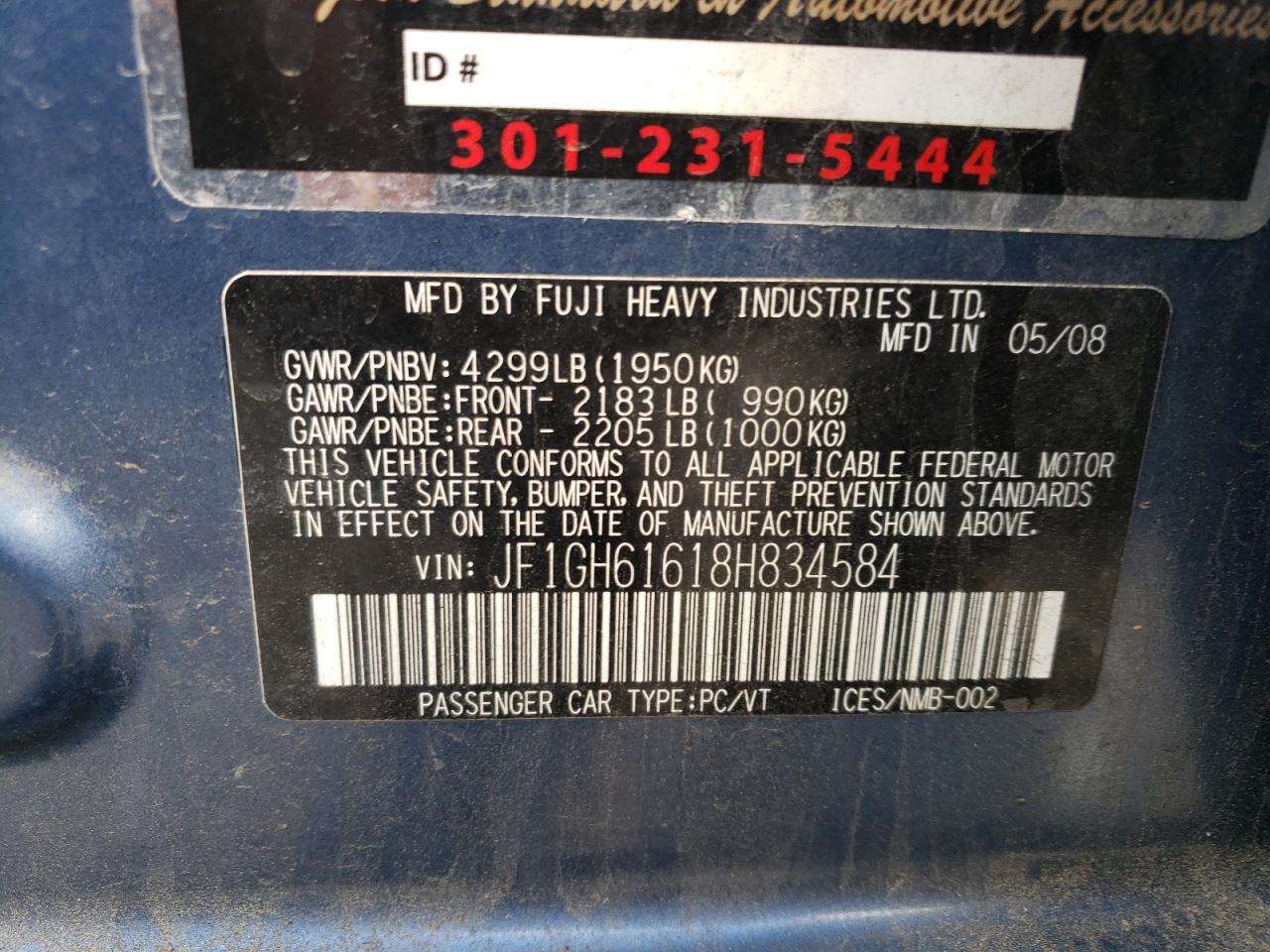 2008 Subaru Impreza 2.5I VIN: JF1GH61618H834584 Lot: 55917455