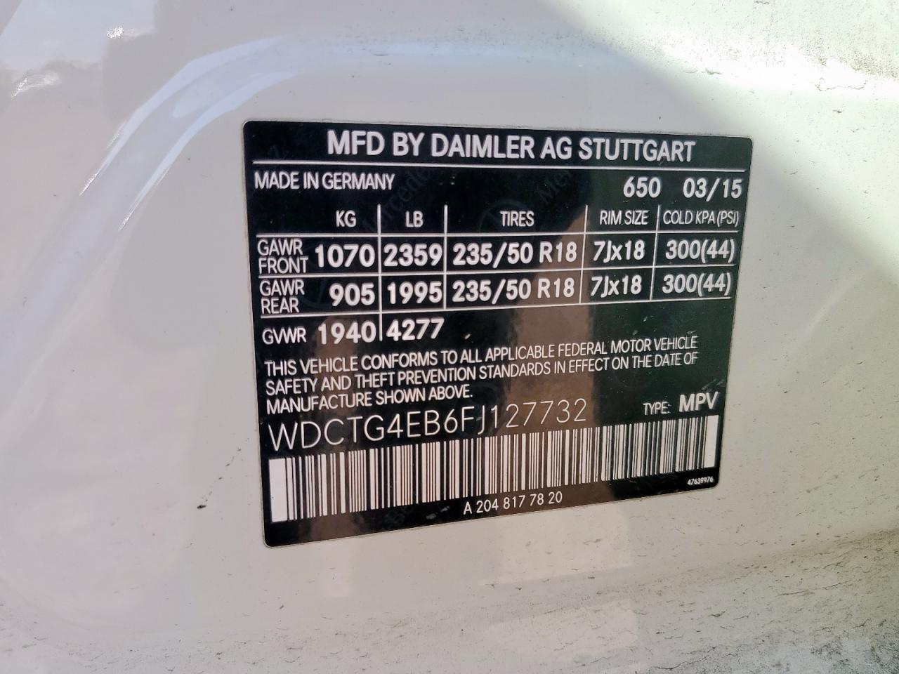 2015 Mercedes-Benz Gla 250 VIN: WDCTG4EB6FJ127732 Lot: 58669265