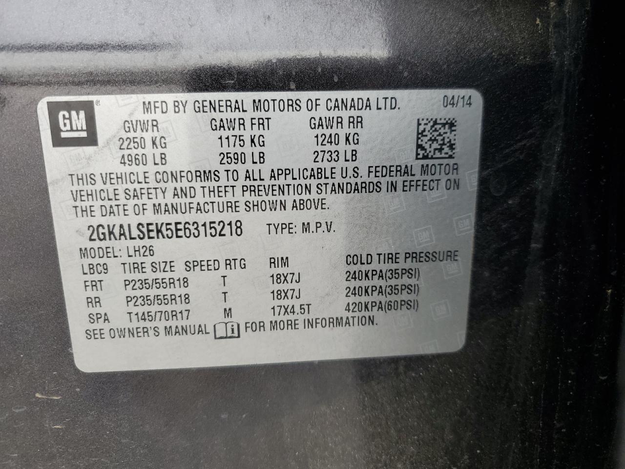 2014 GMC Terrain Slt VIN: 2GKALSEK5E6315218 Lot: 56887515