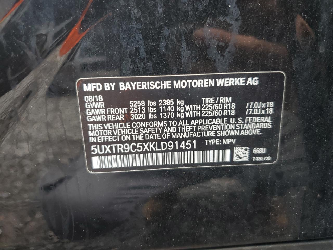 2019 BMW X3 xDrive30I VIN: 5UXTR9C5XKLD91451 Lot: 57132175